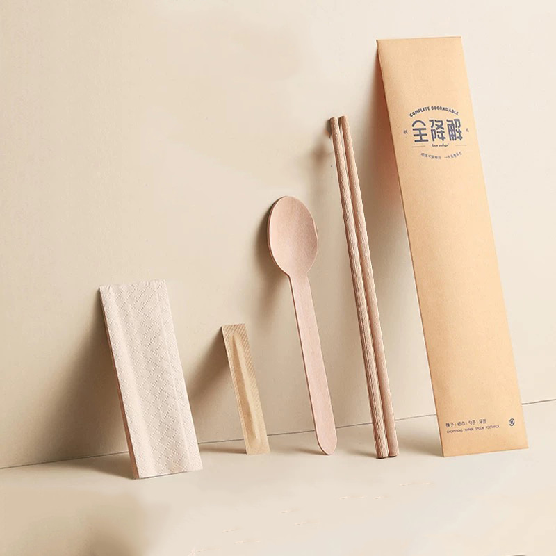 Chopsticks Bambú Indiúscartha 4pcs Socraigh Le Spúnóg In-bhithdhíghrádaithe Tábla Sceanra Naipcín Sraith Scannán Páipéir Indhíghrádaithe